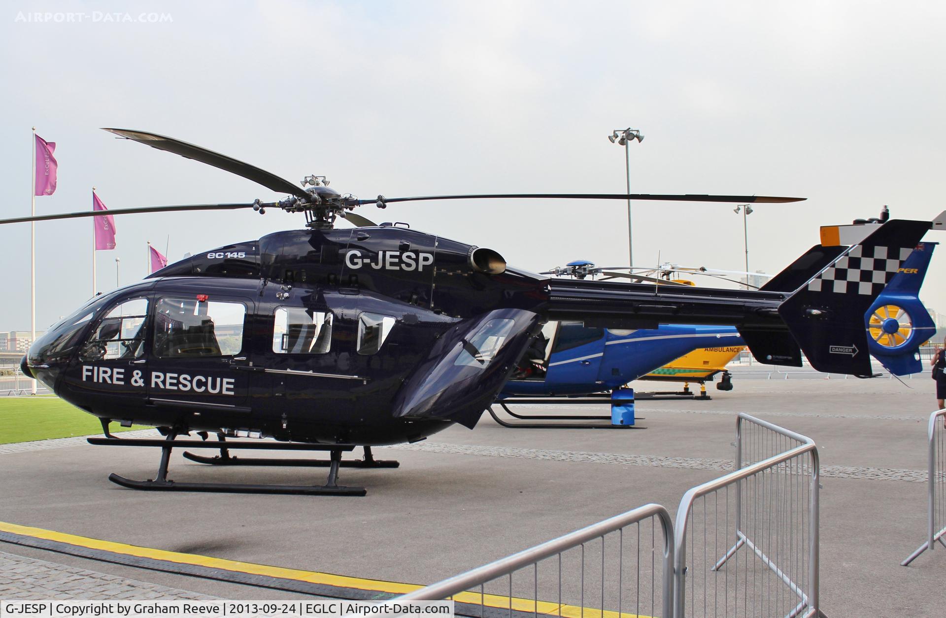G-JESP, 2013 Eurocopter EC-145 (BK-117C-2) C/N 9570, Parked outside Helitech 2013 at the EXCel Centre, next to London City Airport.