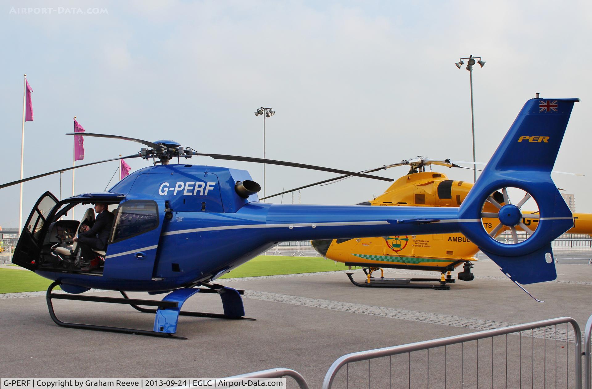 G-PERF, 2012 Eurocopter EC-120B Colibri C/N 1673, Parked outside Helitech 2013 at the ExCel Centre, next to London City Airport.