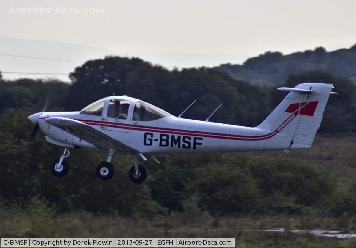 G-BMSF, 1978 Piper PA-38-112 Tomahawk Tomahawk C/N 38-78A0524, Resident Tomahawk operated by Cambrian Flying Club pulling out from runway 10 at EGFH for a local training sortie.