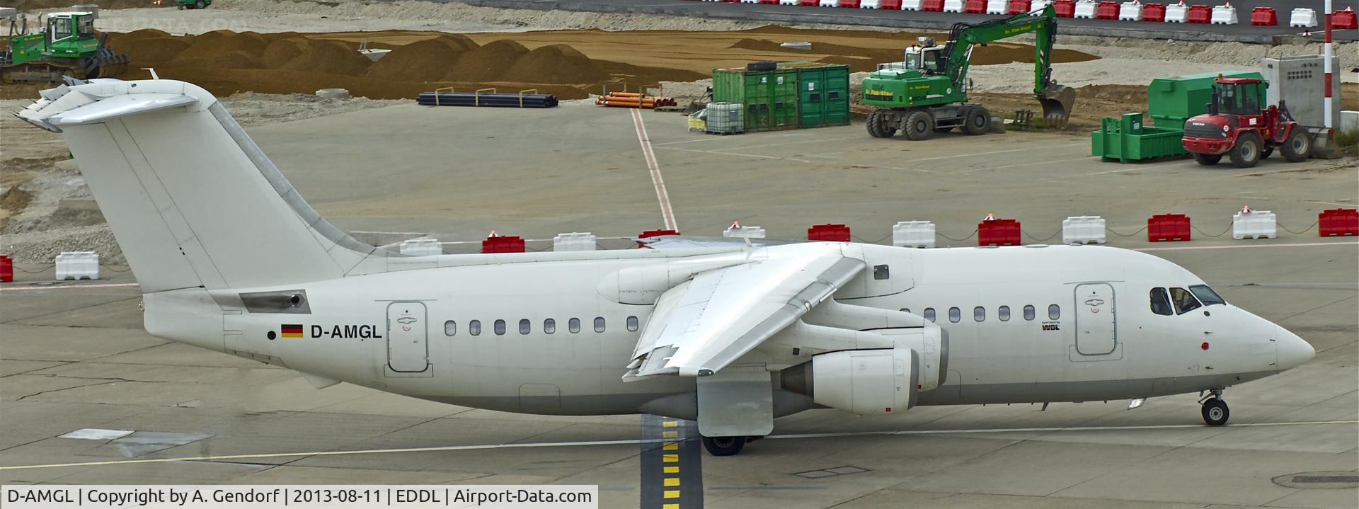 D-AMGL, 1986 British Aerospace BAe.146-200 C/N E2055, WDL Flugdienst (all White), seen here taxiing at Düsseldorf Int´l(EDDL)
