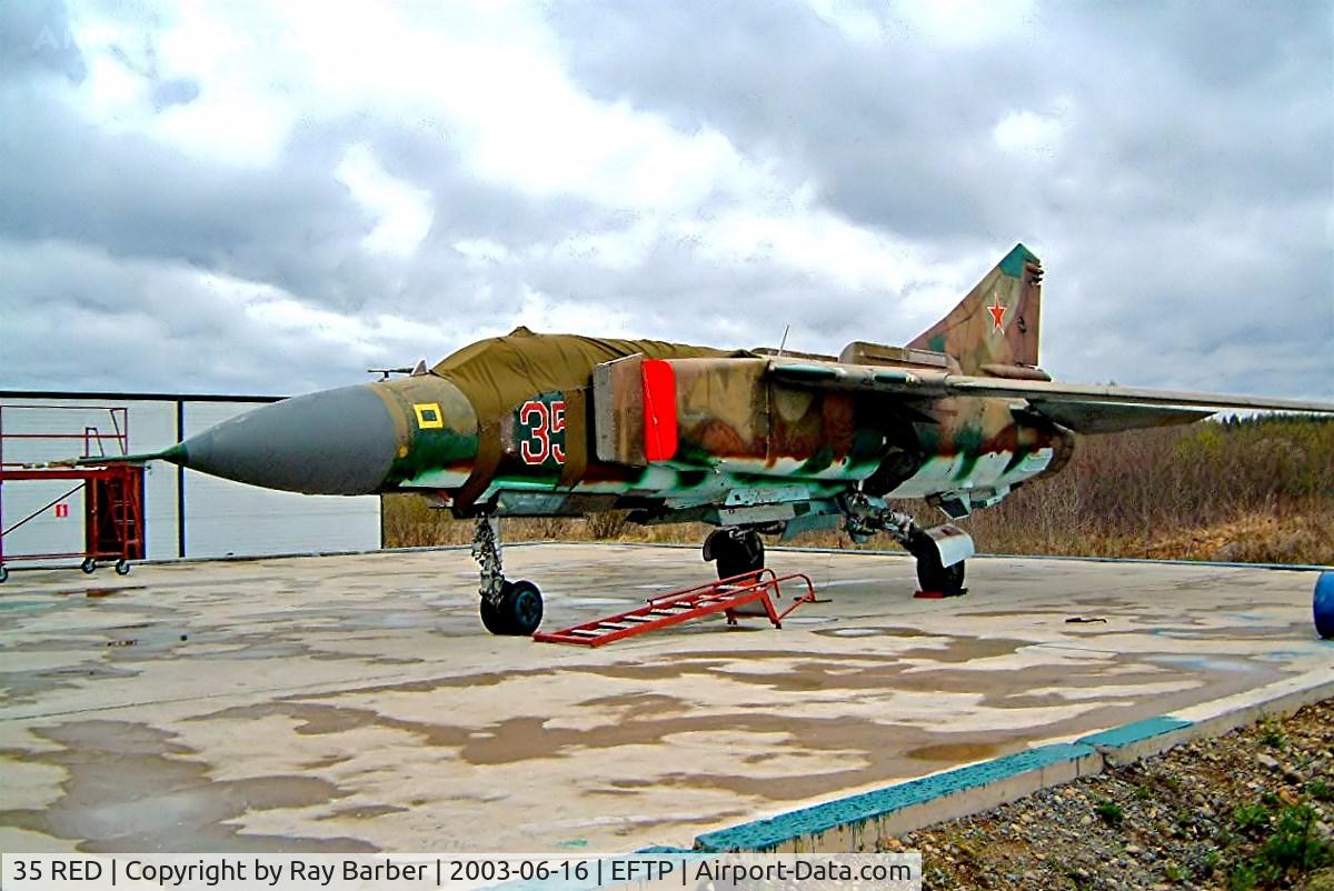 35 RED, Mikoyan-Gurevich MiG-23MLD C/N 0390320549, Mikoyan-Gurevich MiG-23MLD Flogger K [0390320549] Tampere-Pirkkala~OH 16/06/2003. Displayed near Club House.