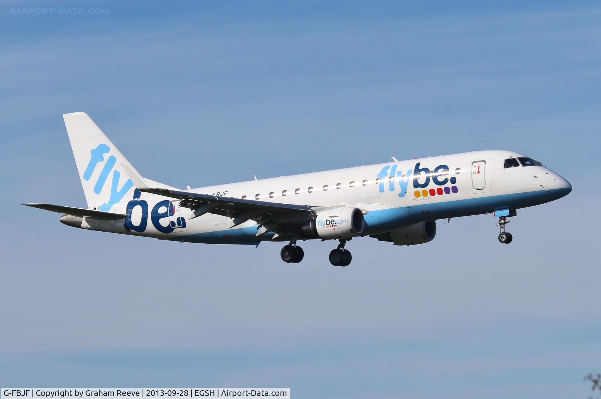 G-FBJF, 2012 Embraer 175STD (ERJ-170-200) C/N 17000341, About to touch down on runway 09.