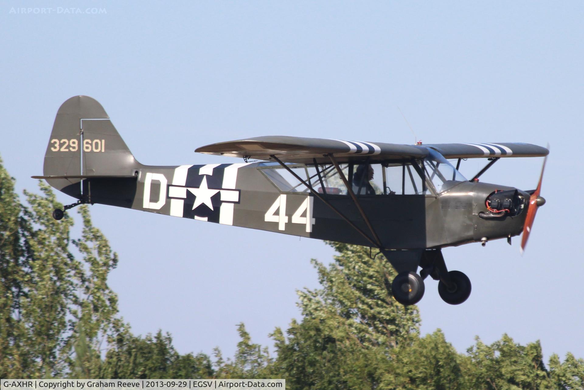 G-AXHR, 1943 Piper L-4H Grasshopper (J3C-65D) C/N 10892, About to land.