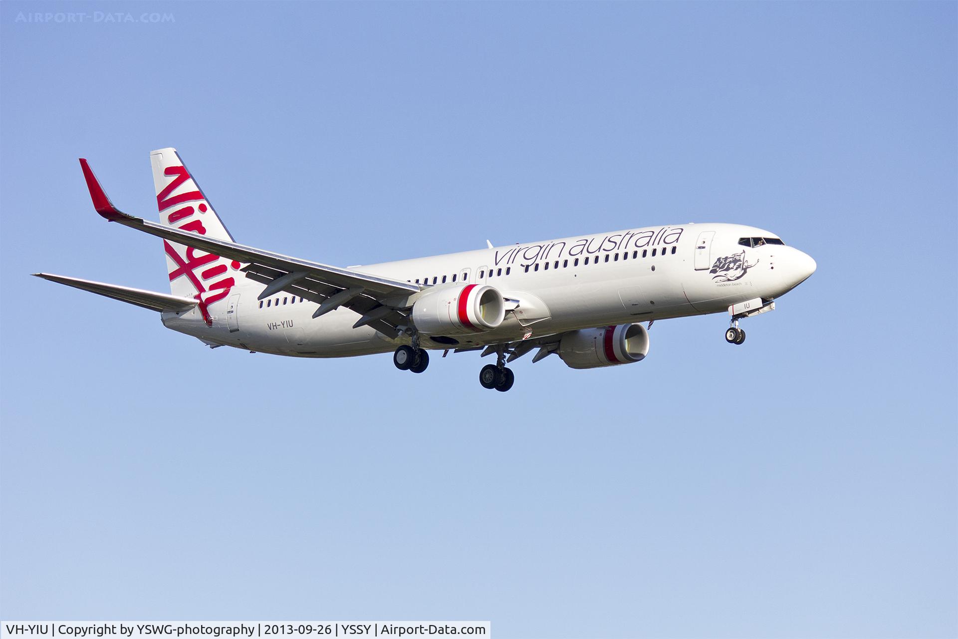 VH-YIU, 2013 Boeing 737-8FE C/N 40699, Virgin Australia (VH-YIU) Boeing 737-8FE(WL) on approach to runway 25 at Sydney Airport.