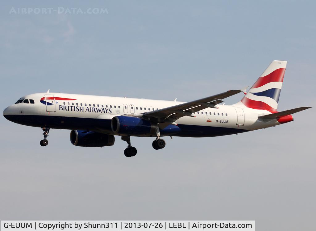 G-EUUM, 2002 Airbus A320-232 C/N 1907, Landing rwy 25R with additional logo near titles