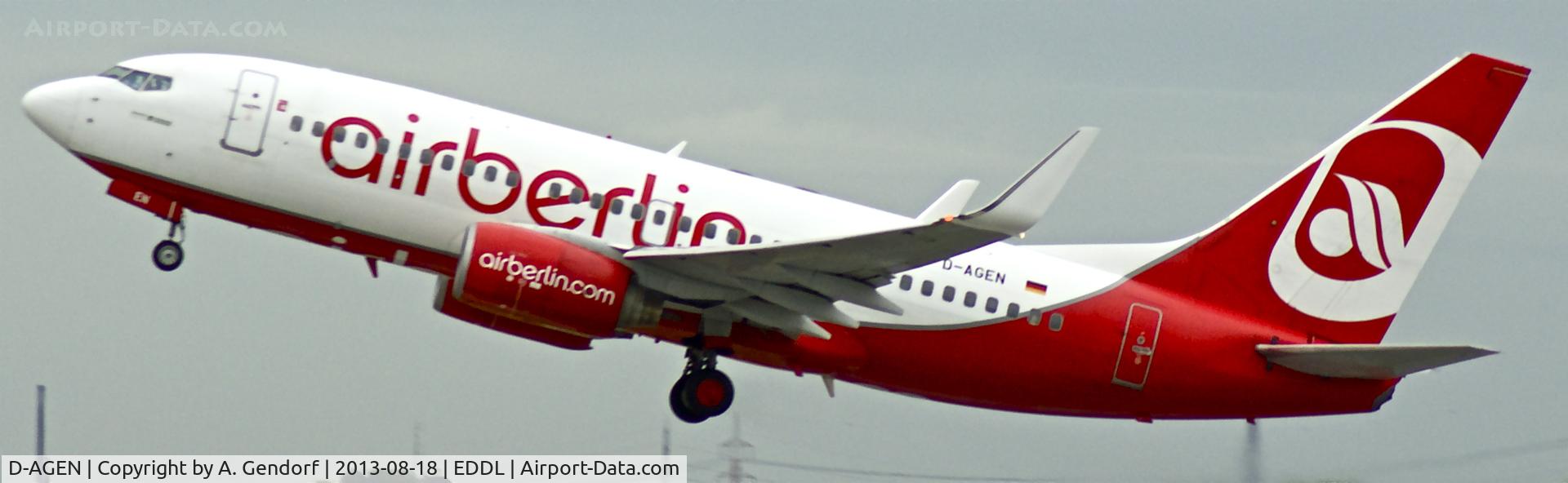 D-AGEN, 1998 Boeing 737-75B C/N 28100, Germania (Air Berlin cs.), is seen here climbing out at Düsseldorf Int´l(EDDL)