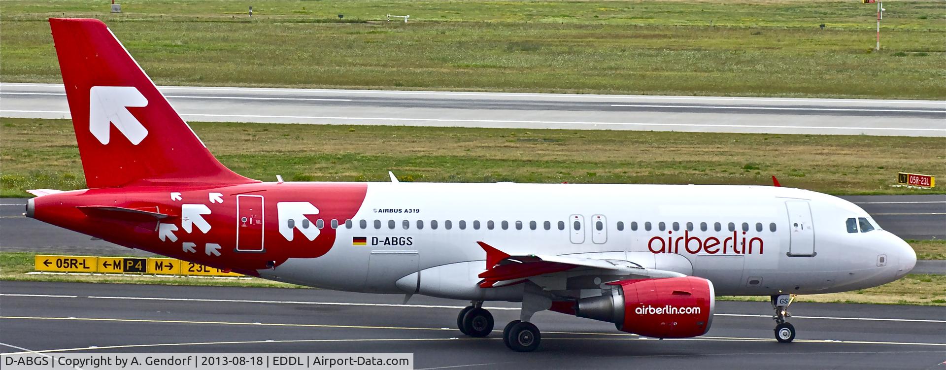 D-ABGS, 2009 Airbus A319-112 C/N 3865, Air Berlin (OLT-Express cs.), here on the taxiway at Düsseldorf Int´l(EDDL)