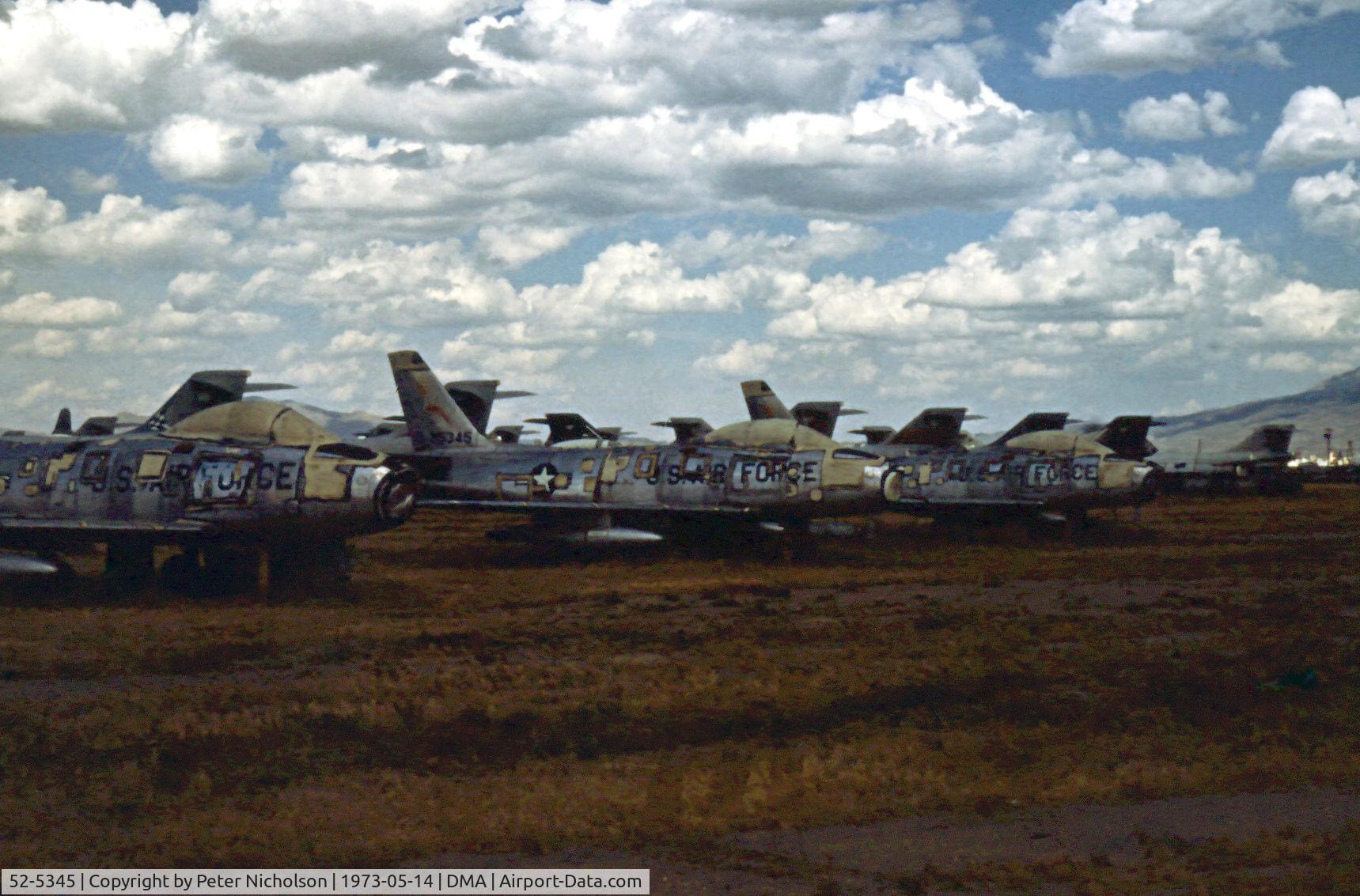 52-5345, 1952 North American F-86F-25-NA Sabre C/N 193-74, Former Tactical Air Command F-86F Sabre seen in the Summer of 1973 in what was then known as the Military Aircraft Storage & Disposition Centre at Davis-Monthan AFB
