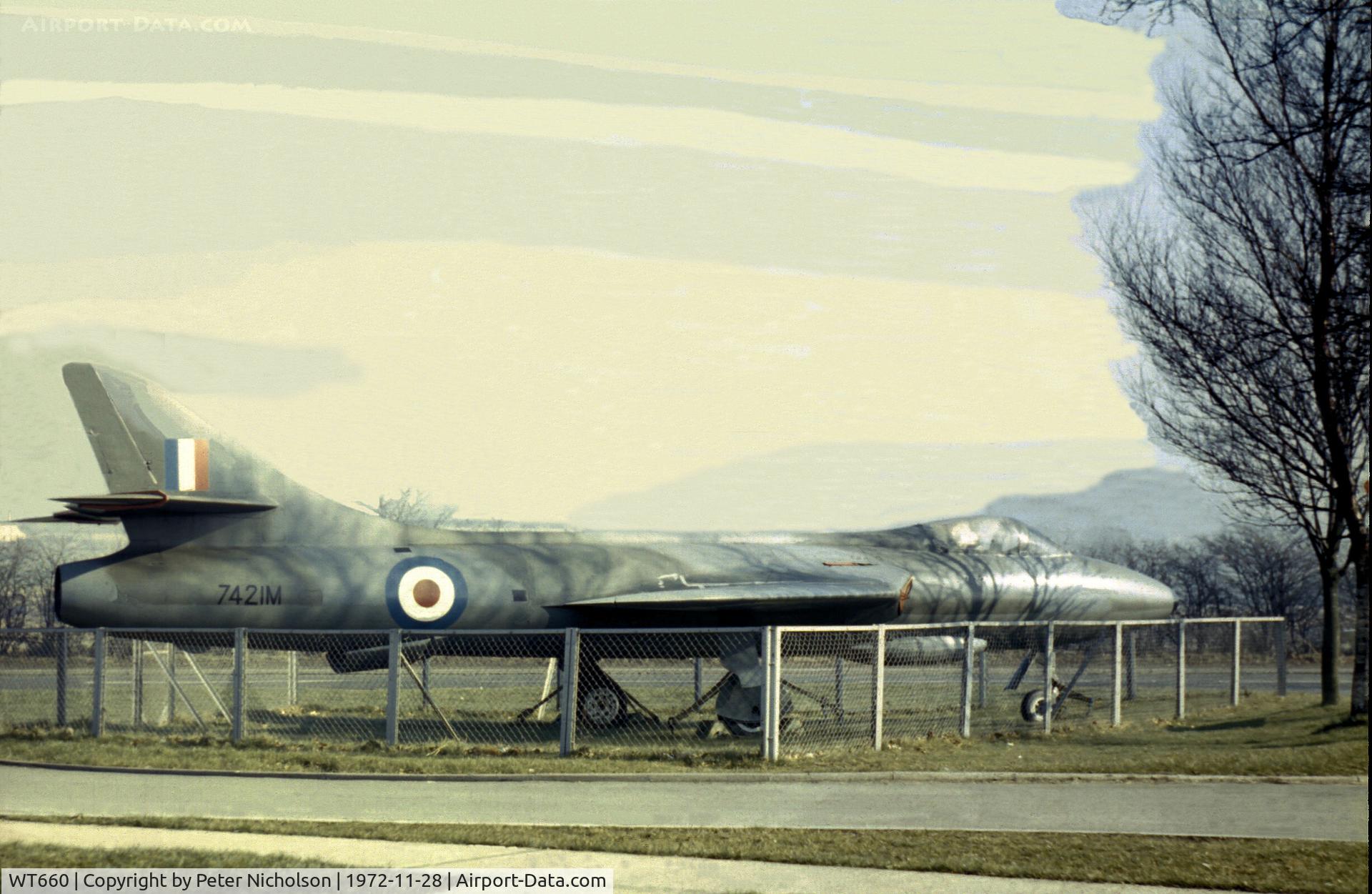 WT660, 1954 Hawker Hunter F.1 C/N 41H-665495, This Hawker Hunter F.1 seen in November 1972 was the gate guardian for many years at No.14 Maintenance Unit, RAF Carlisle.