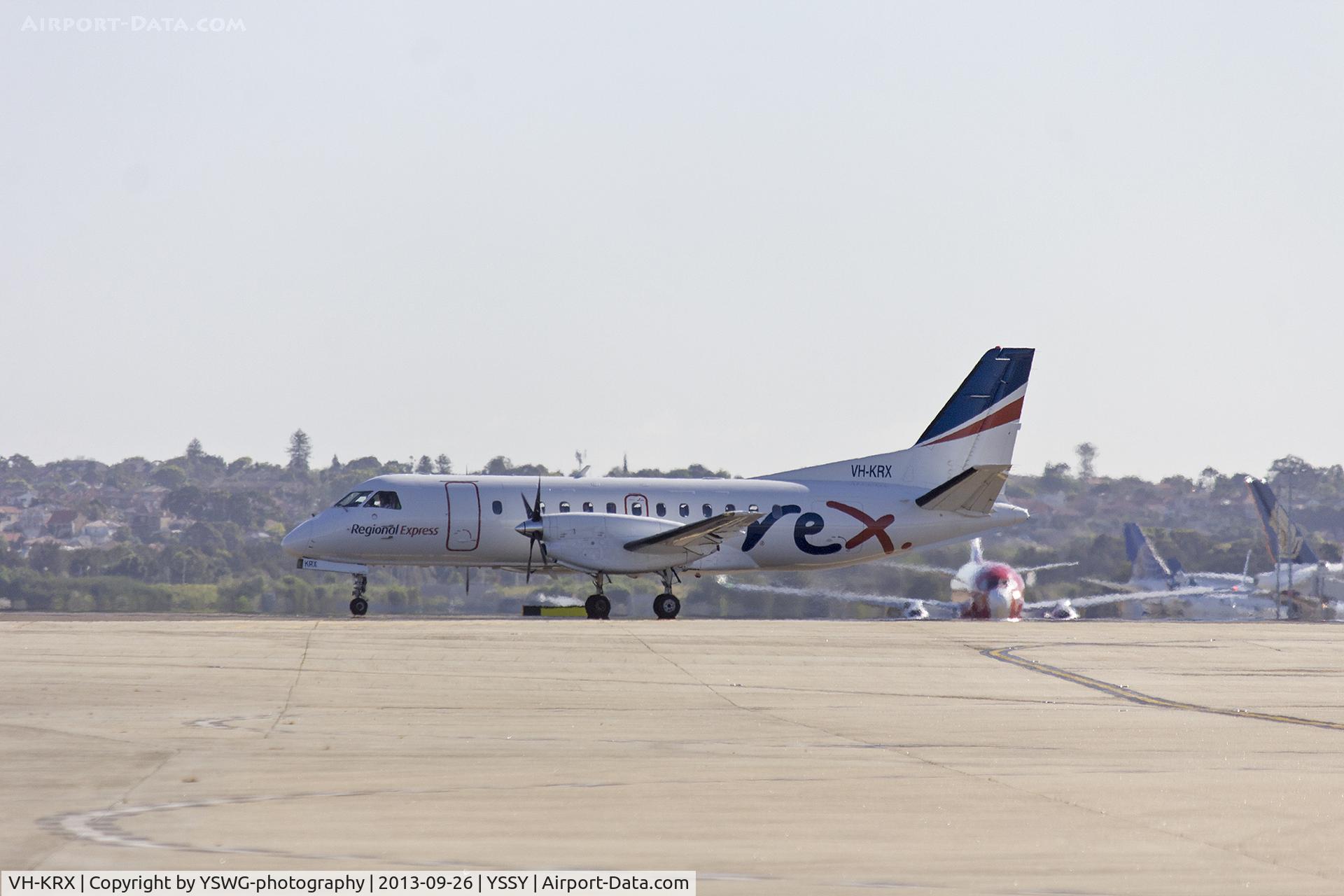 VH-KRX, 1991 Saab 340B C/N 340B-290, Regional Express Airlines (VH-KRX) Saab 340B taxiing at Golf 4 holding point at Sydney Airport.
