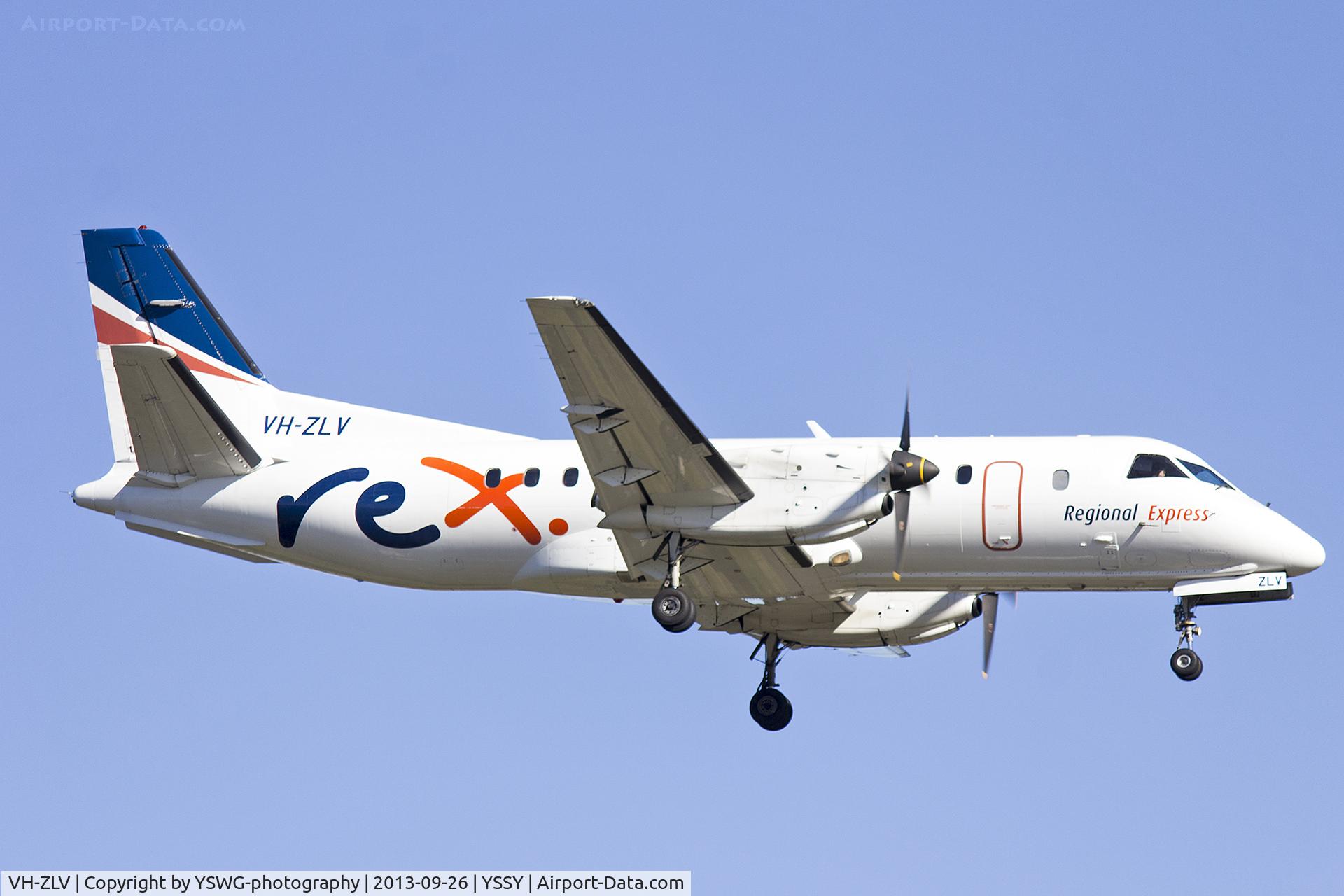 VH-ZLV, Saab 340B C/N 340B-386, Regional Express Airlines (VH-ZLV) Saab 340B on approach to runway 25 at Sydney Airport.