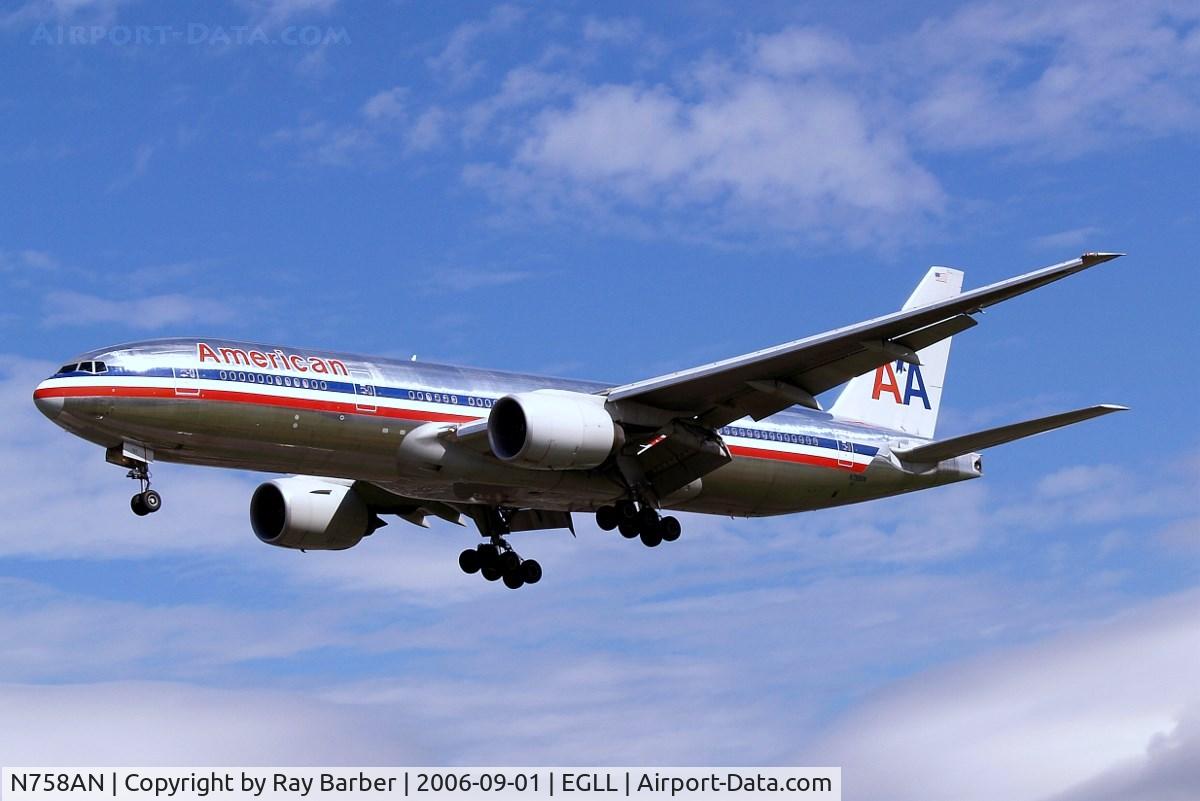 N758AN, 2001 Boeing 777-223 C/N 32637, Boeing 777-223ER [32637] (American Airlines) Heathrow~G 01/09/2006. On finals 27L.