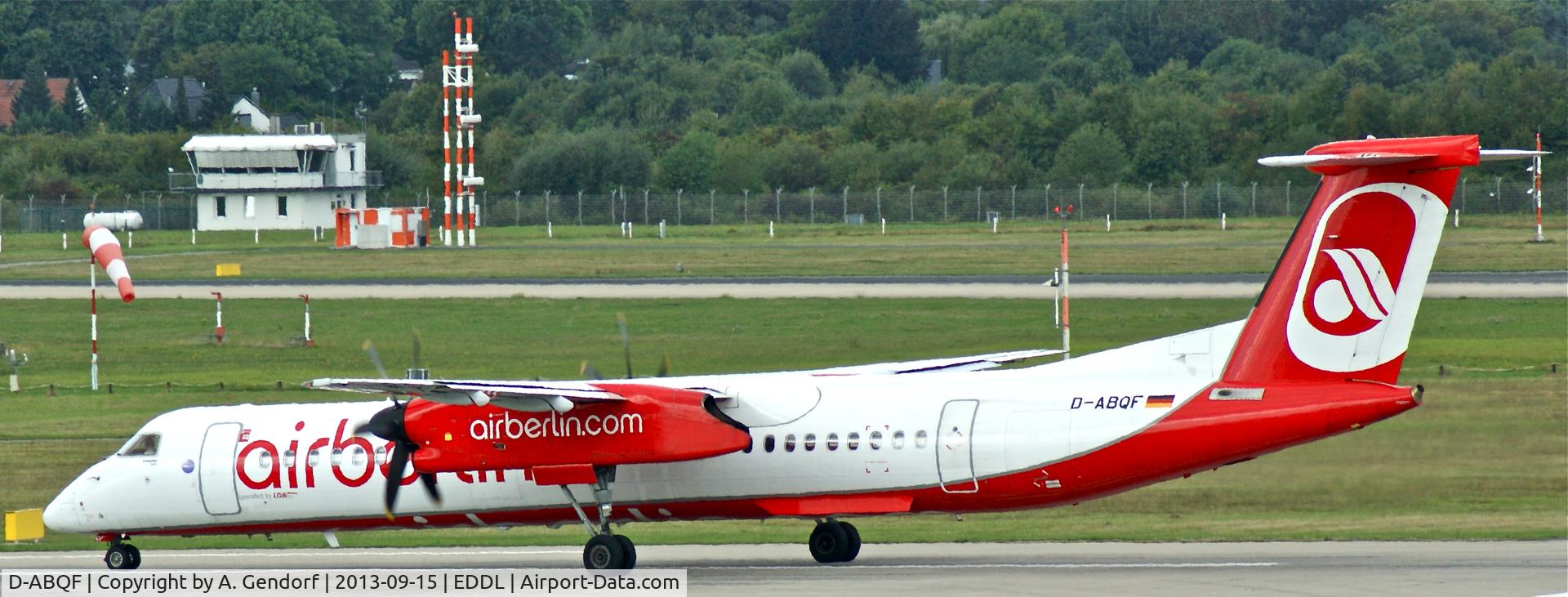 D-ABQF, 2009 De Havilland Canada DHC-8-402Q Dash 8 C/N 4245, Luftfahrtgesellschaft Walter (Air Berlin cs.), seen here departing at Düsseldorf Int´l(EDDL), bound for London Stansted(EGSS)