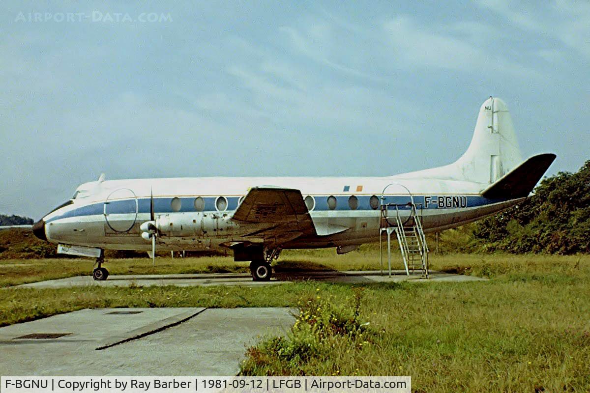 F-BGNU, 1954 Vickers Viscount 708 C/N 38, Vickers 708 Viscount [38] Mulhouse-Habsheim~F 12/09/1981. Stored here prior to going to the Auto und Technik Museum Sinsheim Germany. Taken from a slide.