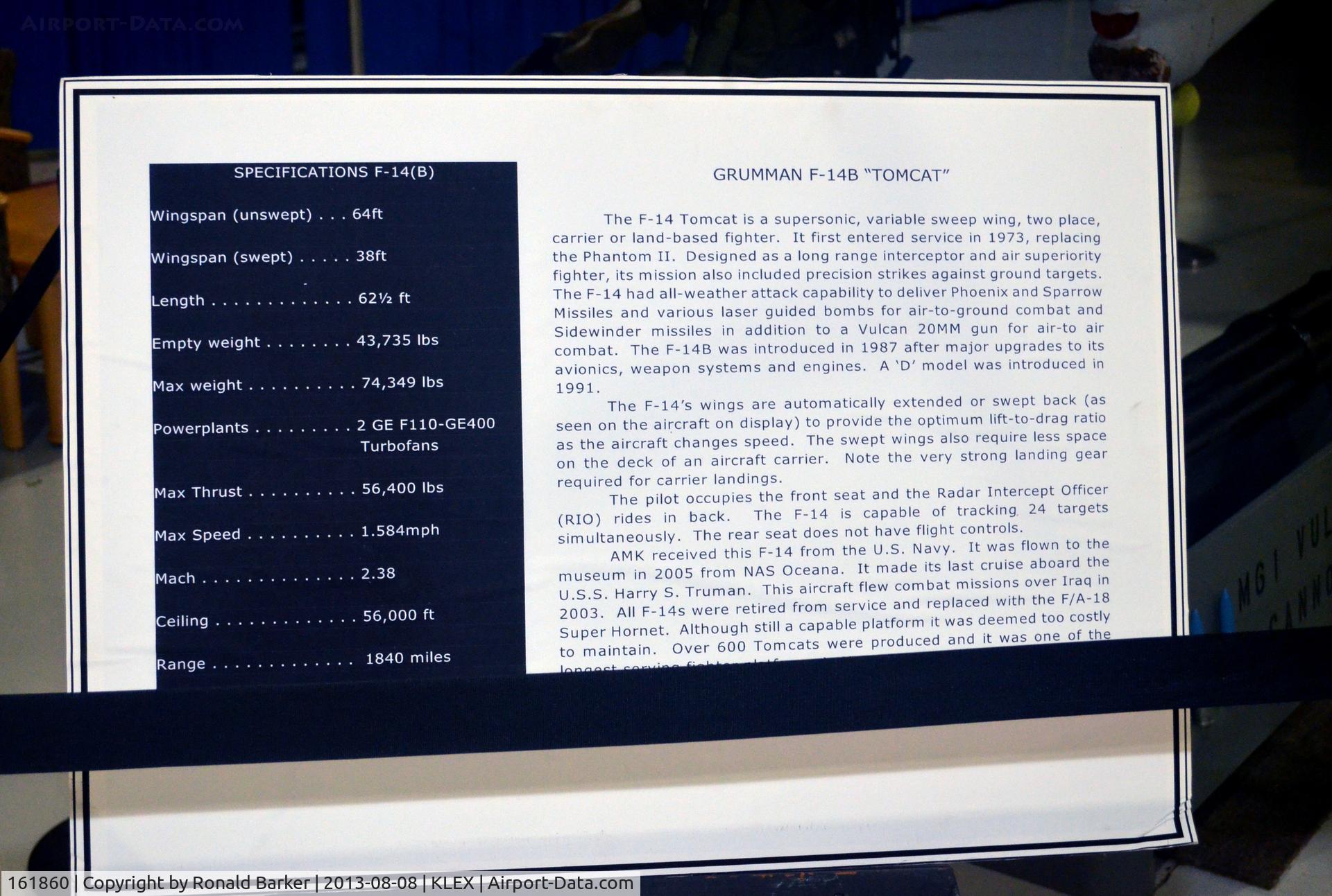 161860, Grumman F-14B Tomcat C/N 496, Information plaque - Aviation Museum of KY