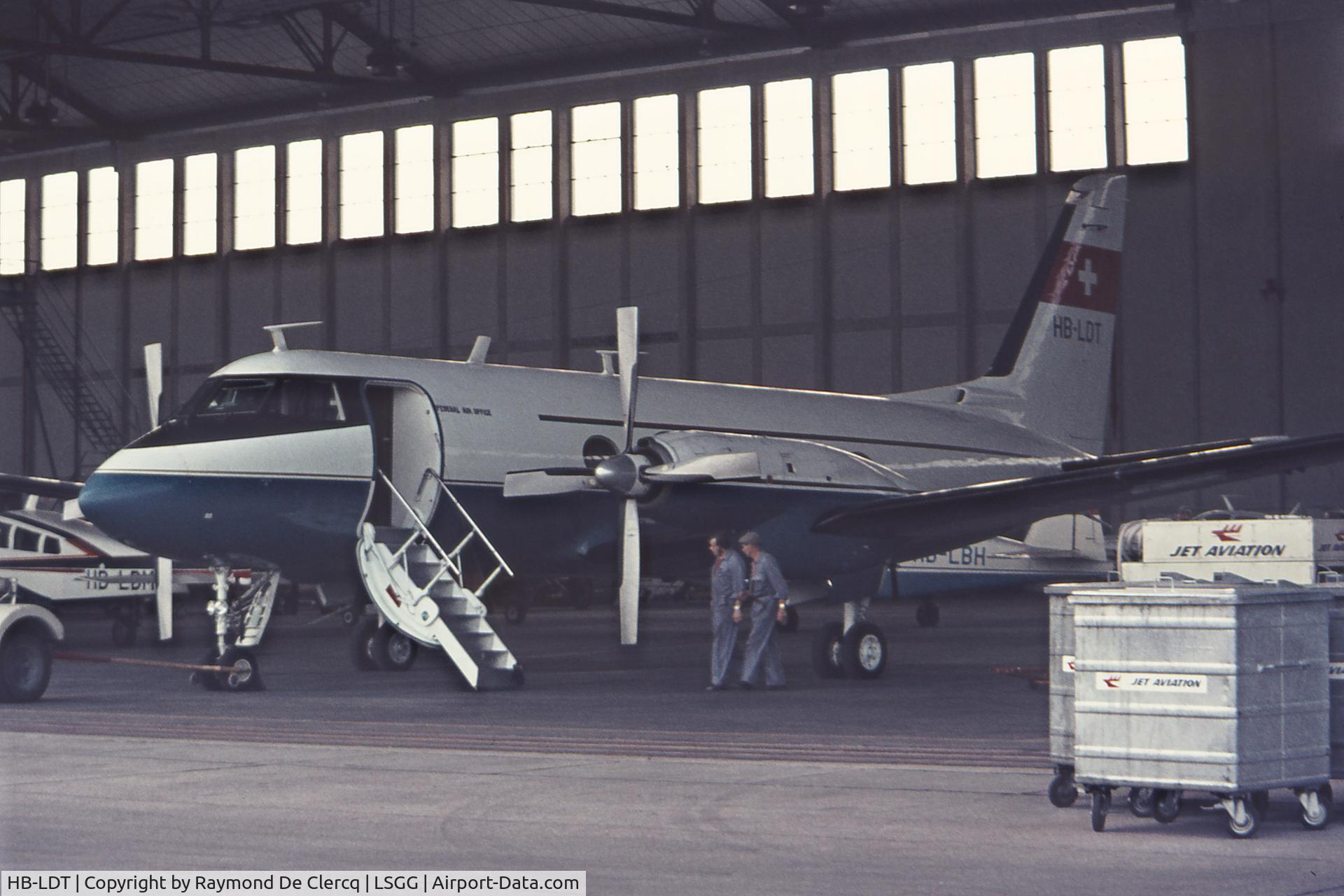 HB-LDT, 1968 Grumman G-159 Gulfstream 1 C/N 188, Federal Air Office  Gulfstream I at Geneva in 1974