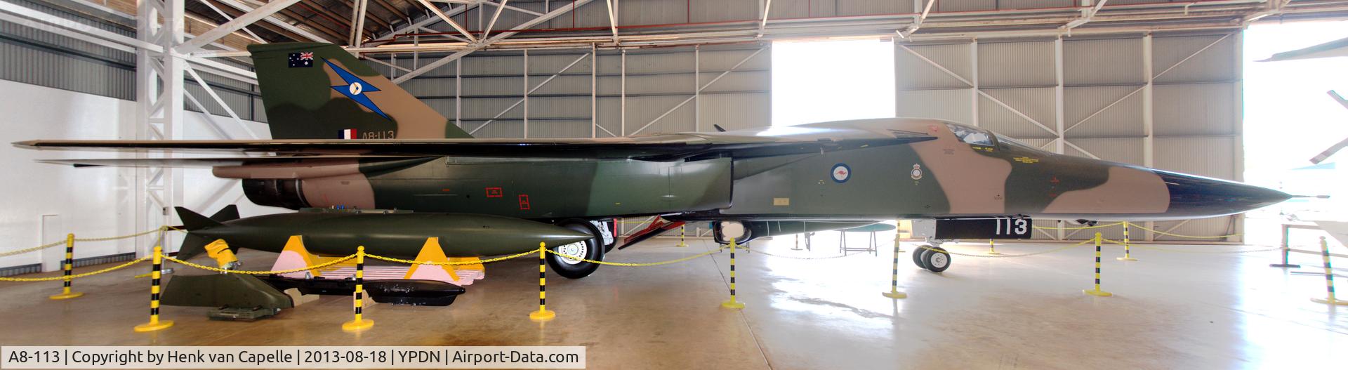 A8-113, General Dynamics F-111C Aardvark C/N A1-158, F-111C A8-113 has been preserved at the Australian Aviation Heritage Centre at Darwin airport.