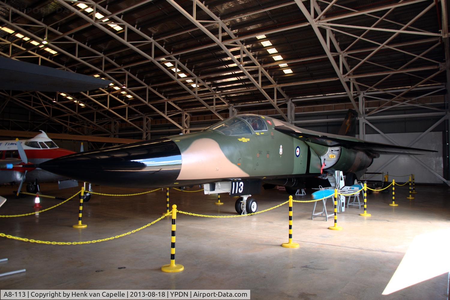 A8-113, General Dynamics F-111C Aardvark C/N A1-158, F-111C A8-113 has been preserved at the Australian Aviation Heritage Centre at Darwin airport.