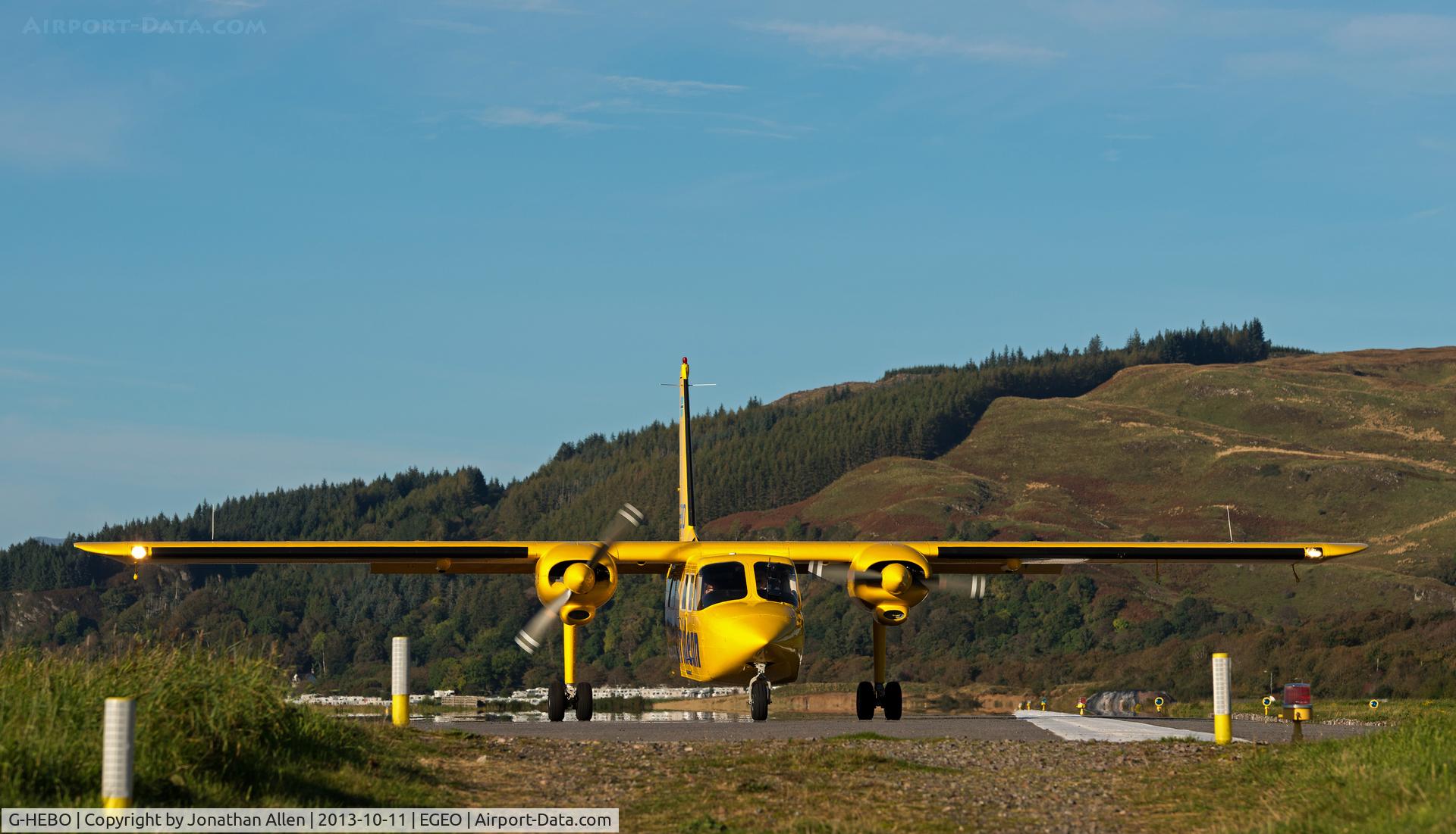 G-HEBO, 1993 Pilatus Britten-Norman BN-2B-20 Islander C/N 2268, At the end of Runway 01 and about to turn for departure to Coll and Islay.