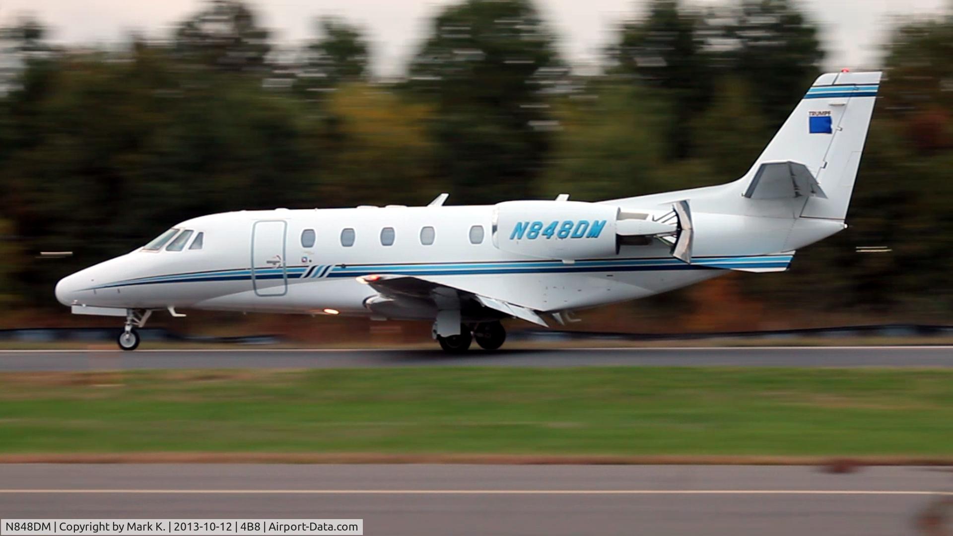 N848DM, 2003 Cessna 560XL Citation Excel C/N 560-5329, Citation N848DM slowing down after arriving on Runway 2 from Burlington, Vermont.