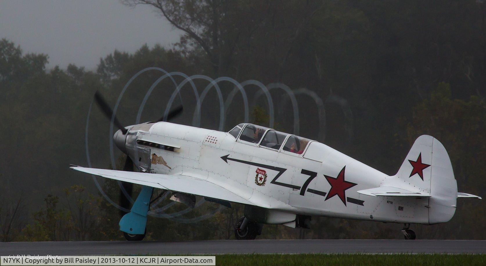 N7YK, 1996 Yakovlev Yak-11 C/N 51-24D, Culpepper, VA Air Fest take off roll on a misty, rainy morning.