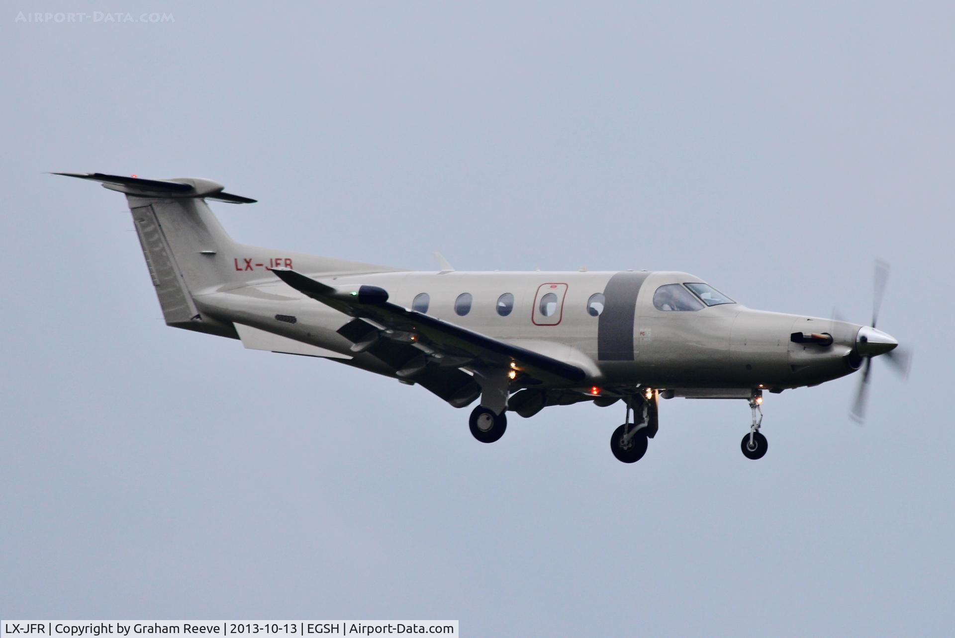 LX-JFR, 2010 Pilatus PC-12/47E C/N 1233, On finals for runway 09.