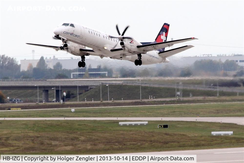 HB-IZG, 1995 Saab 2000 C/N 2000-010, Leaving LEJ with destination CDG.....