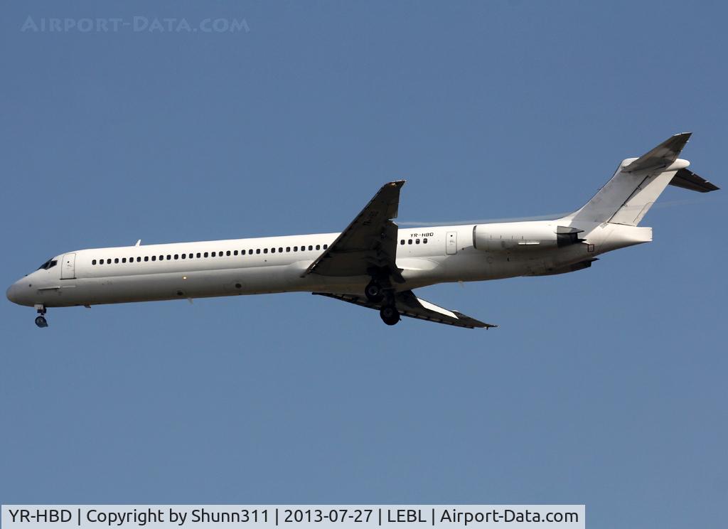 YR-HBD, 1991 McDonnell Douglas MD-83 (DC-9-83) C/N 49808, Landing rwy 07L in all white c/s without titles... Vueling Airlines flight this day...