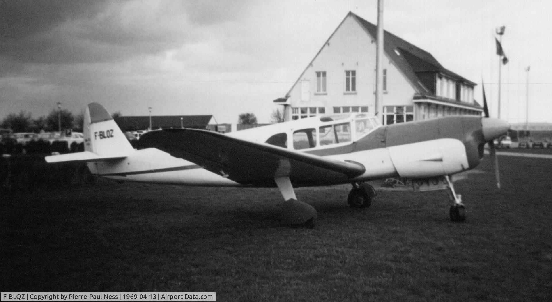F-BLQZ, Nord 1101 Noralpha C/N 142, Strasbourg-Entzheim airport in France.
The aircraft is butyfull. The building behind doesn't exist anymore.
Sorry for the poor quality, it's a scan of a Kodak Starlet photoshot.