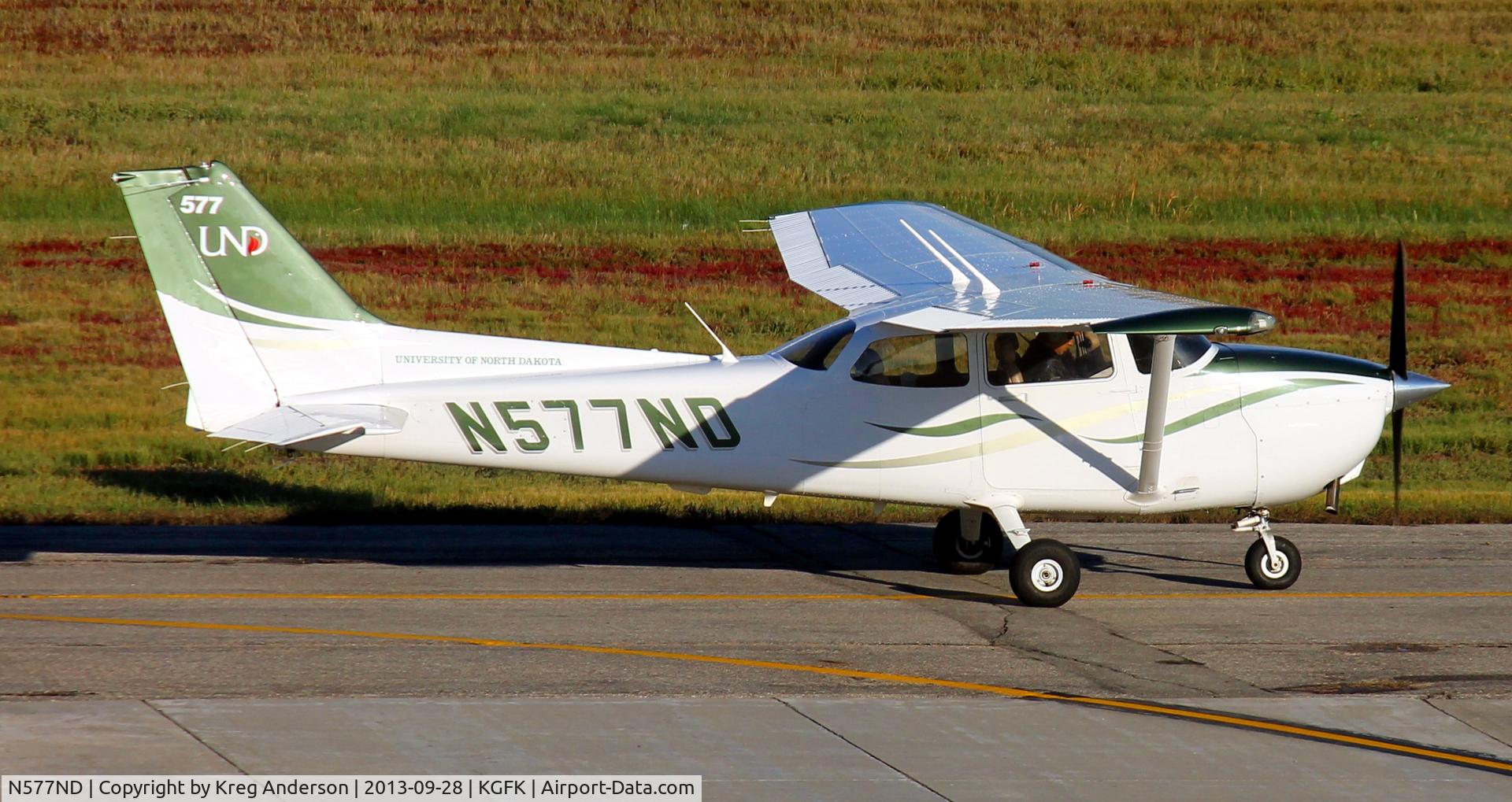 N577ND, Cessna 172S C/N 172S10986, University of North Dakota Cessna 172S Skyhawk taxiing from the Charlie ramp to the active runway.