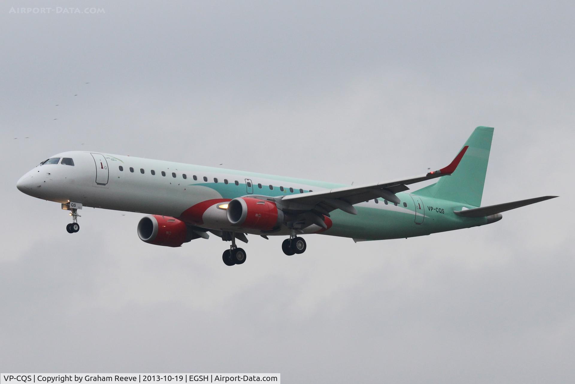 VP-CQS, 2008 Embraer 195AR (ERJ-190-200IGW) C/N 19000157, About to touch down at Norwich.