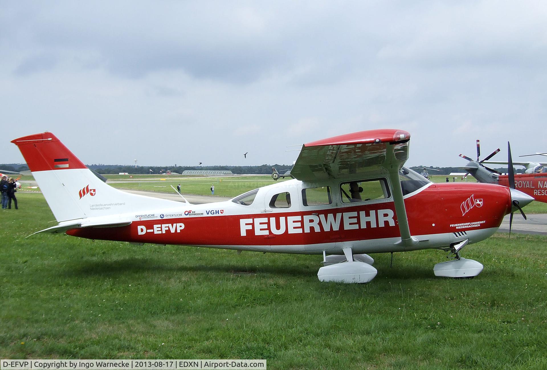 D-EFVP, 2007 Cessna 206H Stationair C/N 20608300, Cessna 206H Stationair of the Lower Saxony fire brigade flying service (Feuerwehr-Flugdienst) at the Spottersday of the Nordholz Airday 2013 celebrationg 100 Years of German Naval Aviation at Nordholz Naval Aviation Base