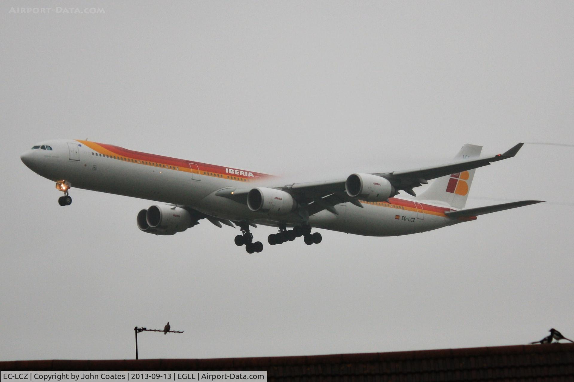 EC-LCZ, 2009 Airbus A340-642X C/N 993, Finals to 27Lin heavy drizzle.