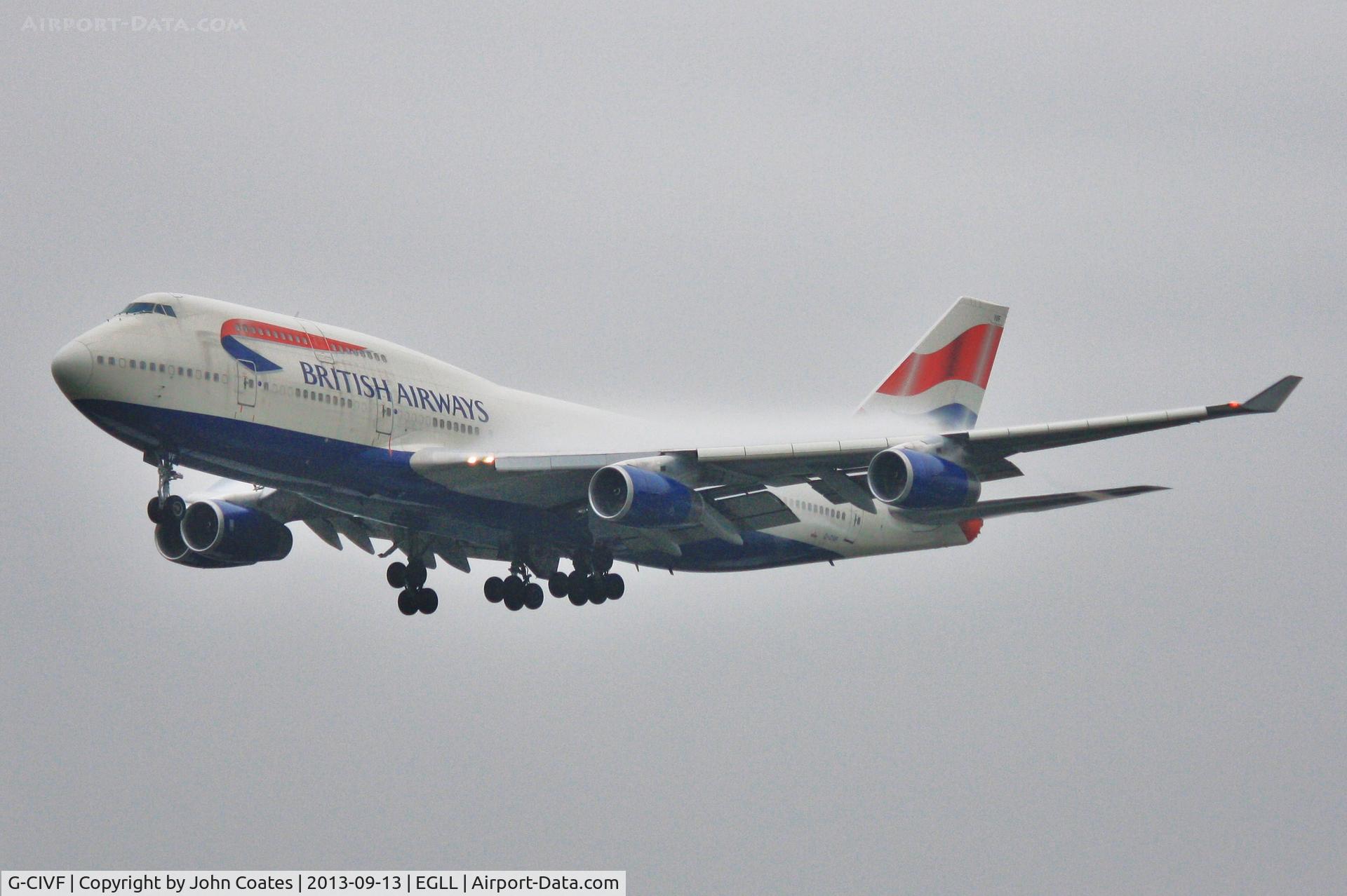 G-CIVF, 1995 Boeing 747-436 C/N 25434, Wet finals to 27L.