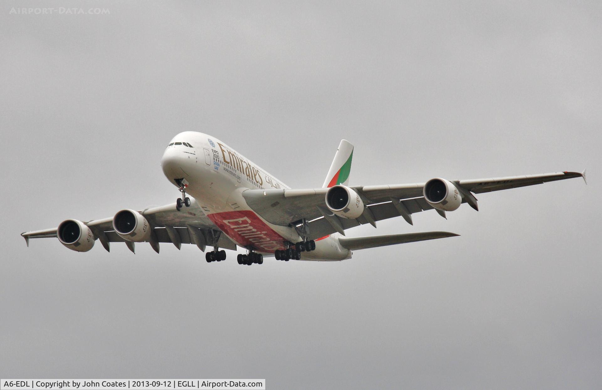 A6-EDL, 2010 Airbus A380-861 C/N 046, On approach to 27R..Expo 2020 Dubai logos.