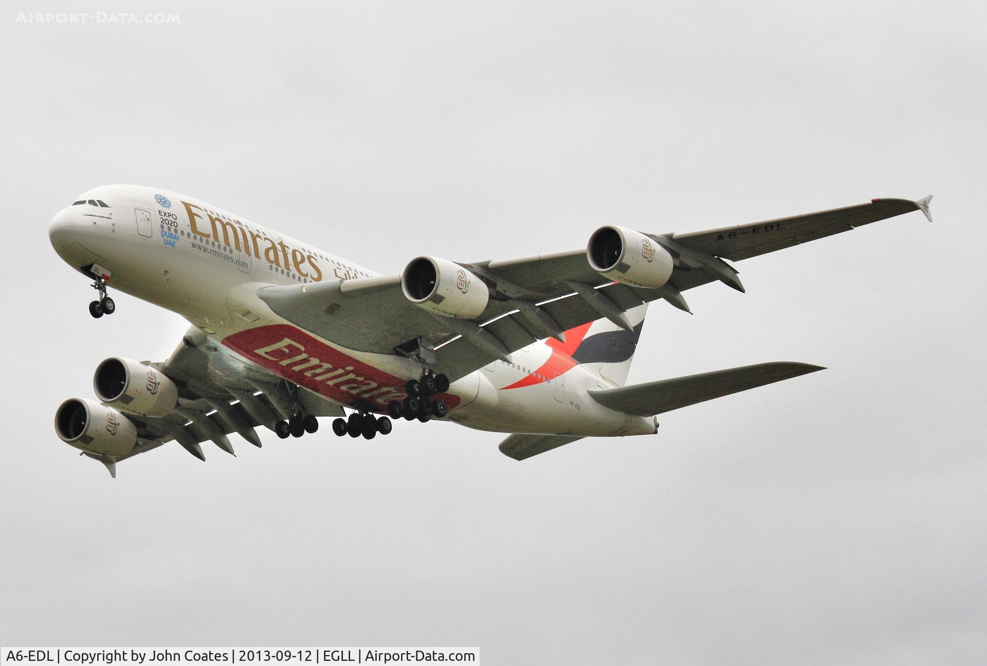 A6-EDL, 2010 Airbus A380-861 C/N 046, Finals to 27R with Expo 2020 Dubai logos
