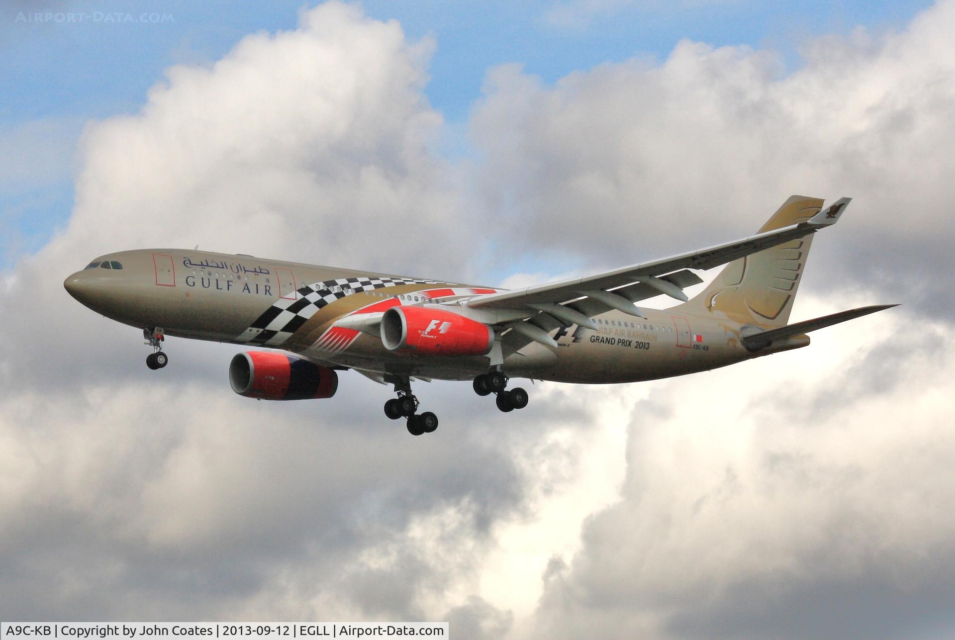 A9C-KB, 1999 Airbus A330-243 C/N 281, Finals to 27R with 2013 G P  logos.