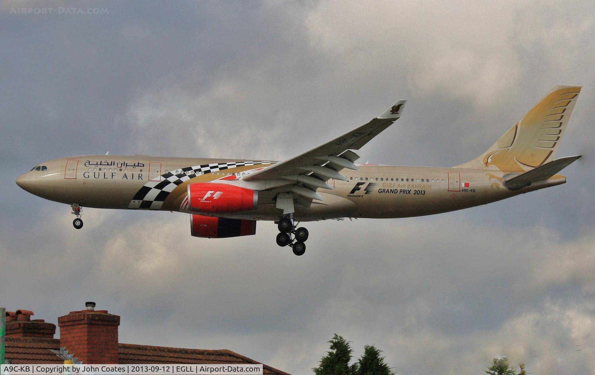 A9C-KB, 1999 Airbus A330-243 C/N 281, Bahrain Grand Prix 2013 logos.
