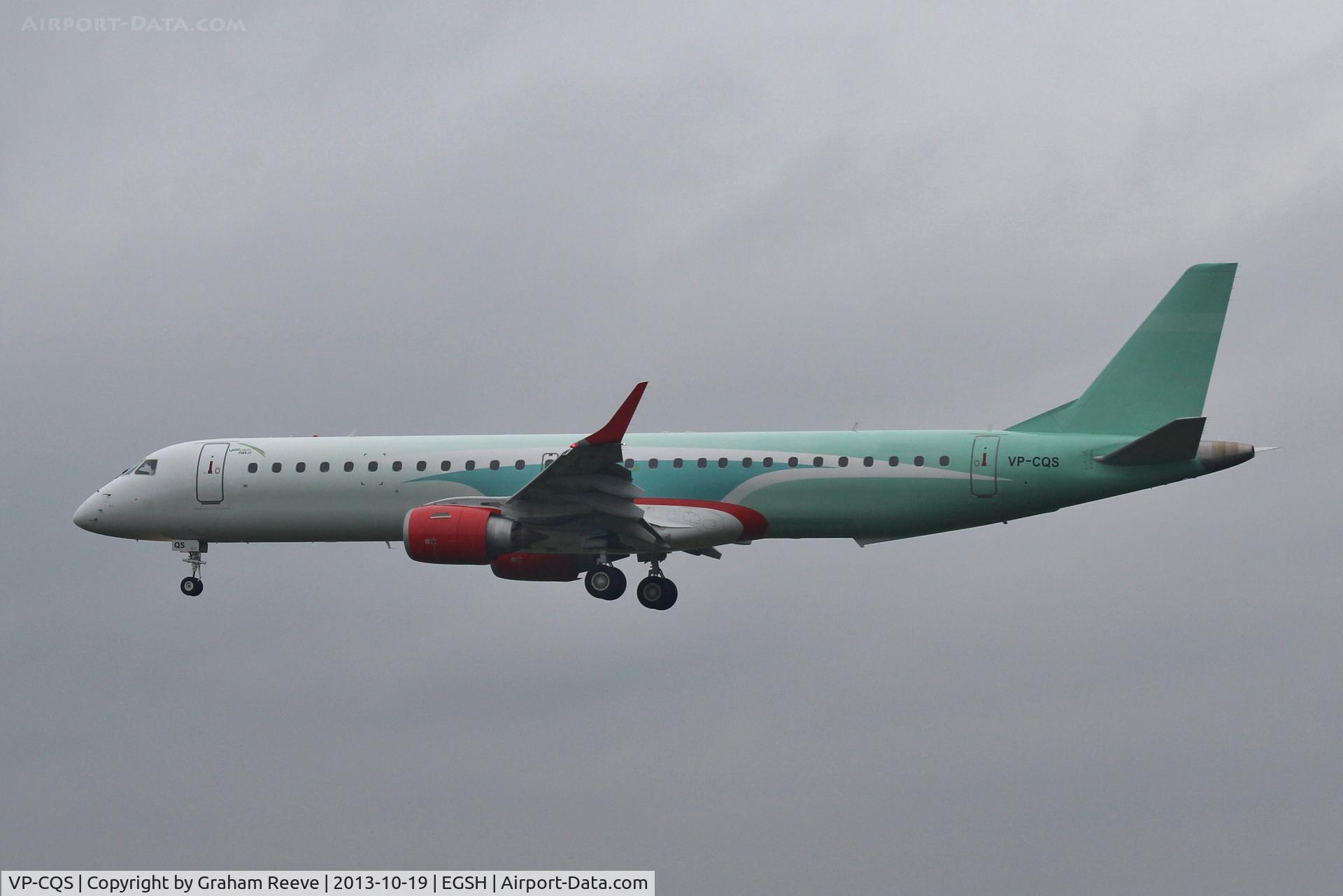 VP-CQS, 2008 Embraer 195AR (ERJ-190-200IGW) C/N 19000157, About to land.