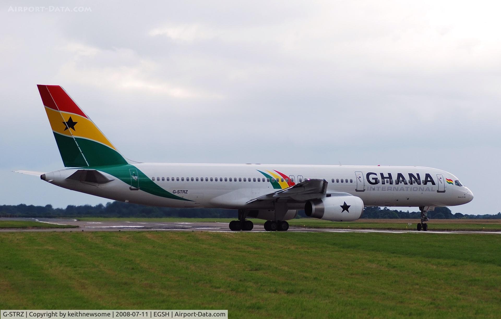 G-STRZ, 1997 Boeing 757-258 C/N 27622, Leaving Norwich following respray !