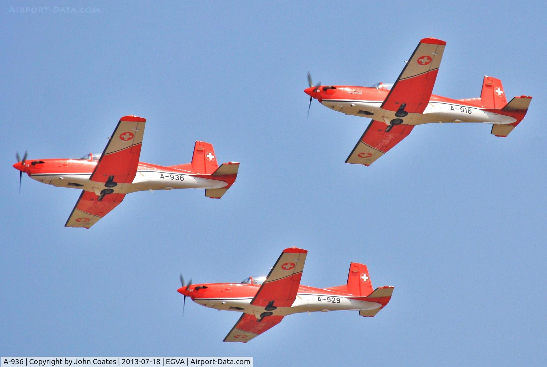 A-936, 1983 Pilatus PC-7 Turbo Trainer C/N 344, Arriving at RIAT with A-916 and A-929 Swiss Team PC7s.