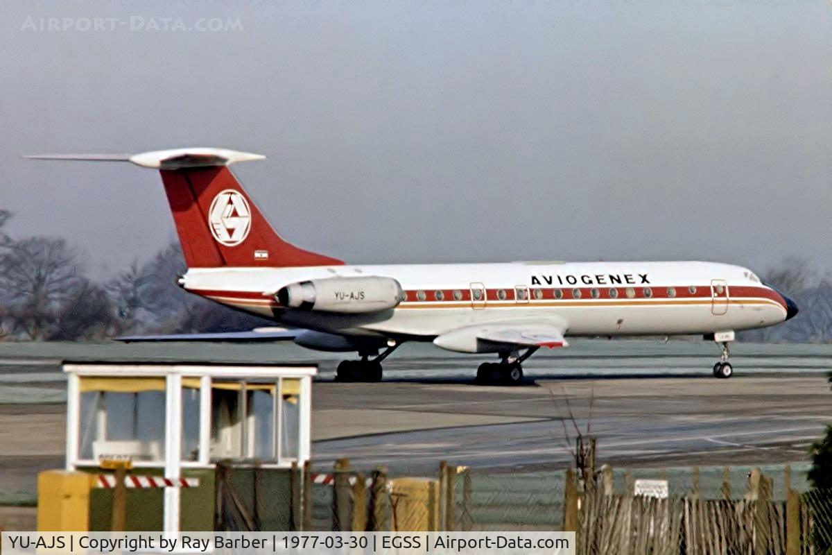 YU-AJS, 1976 Tupolev Tu-134A-1 C/N 48370, Tupolev Tu-134A-1 [48370] (Aviogenex) Stansted~G 30/03/1977. This was written off 3 days after this image was taken. Taken from a slide.
