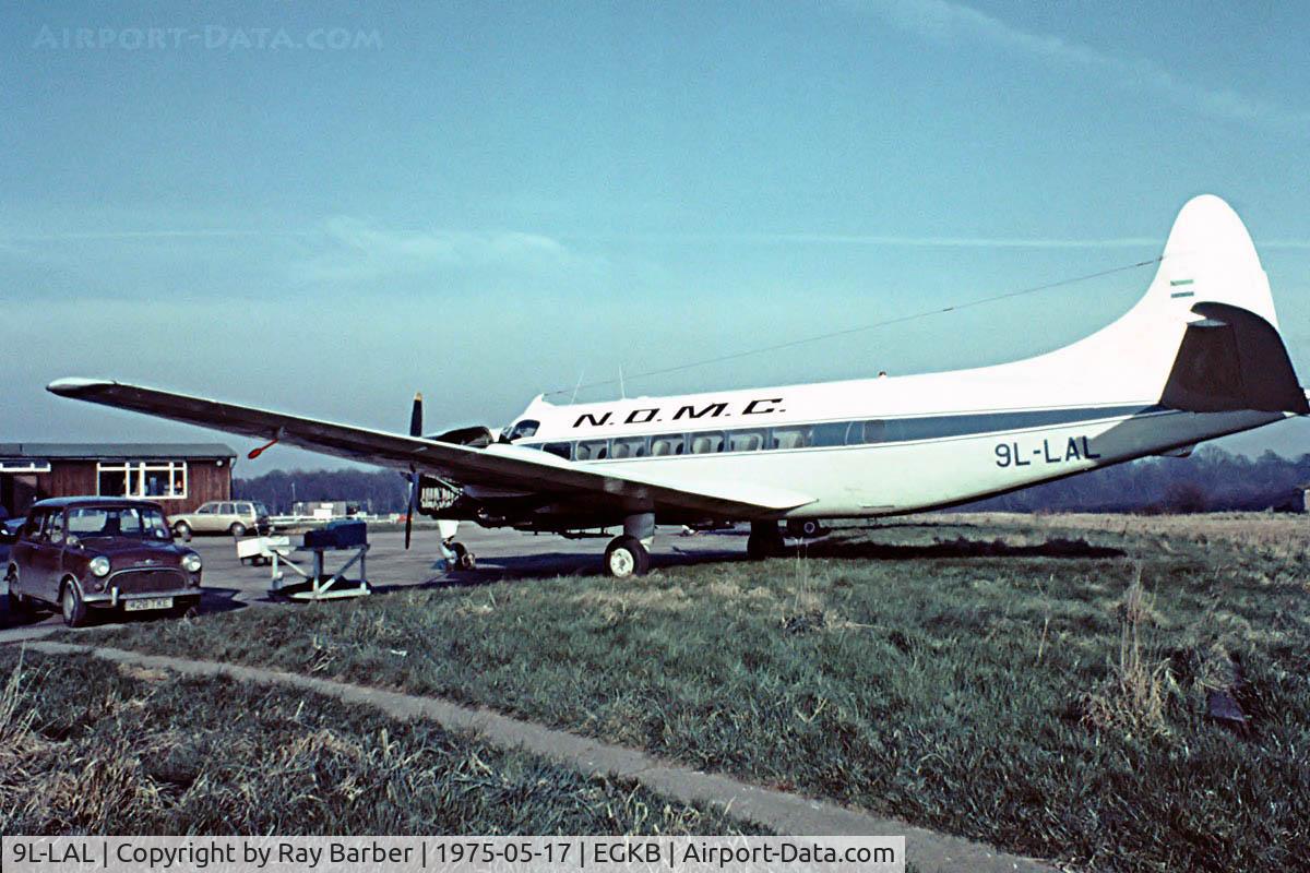 9L-LAL, 1952 De Havilland DH.114 Heron 1B C/N 14005, De Havilland DH.114 Heron 1B [14005] (N.D.M.C.-National Diamond Mining Co) Biggin Hill~G 17/05/1975. Taken from a slide.