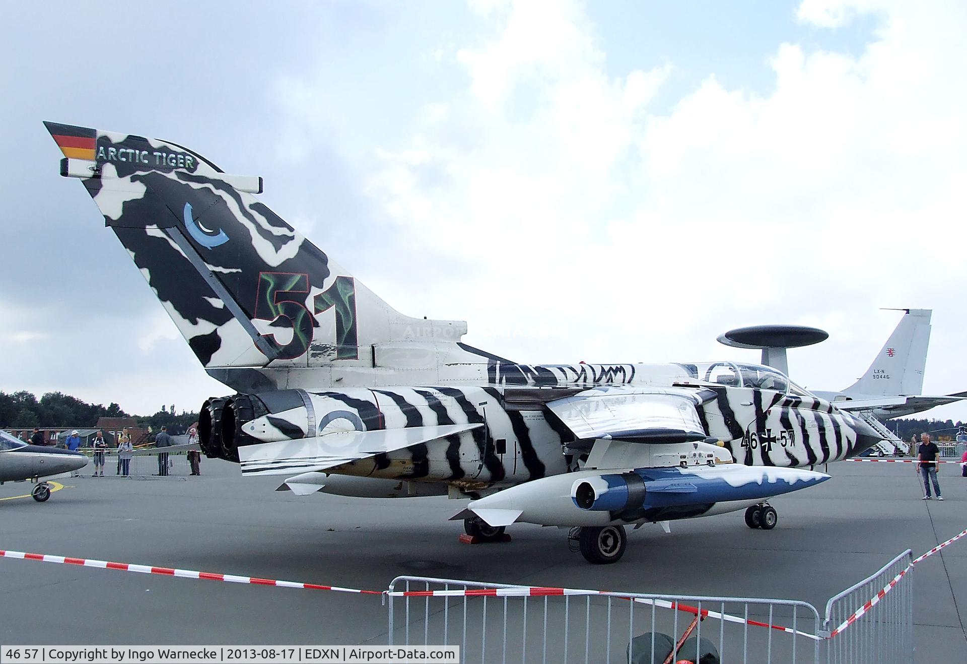 46 57, Panavia Tornado ECR C/N 906/GS290/4357, Panavia Tornado ECR of Luftwaffe (German Air Force) in 'Arctic Tiger' special colours at the Spottersday of the Nordholz Airday 2013 celebrationg 100 Years of German Naval Aviation at Nordholz Naval Aviation Base