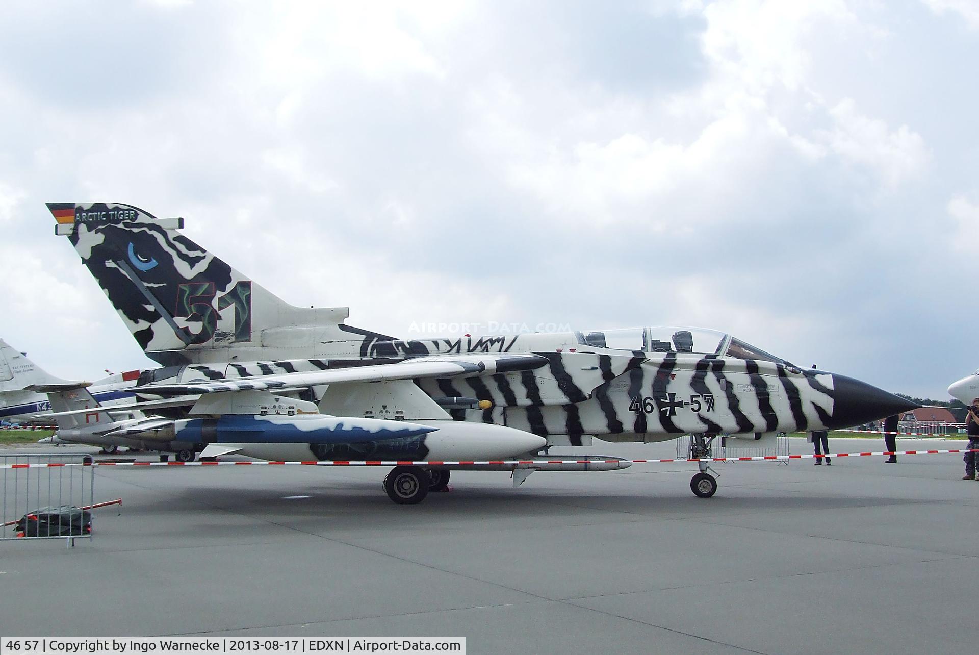 46 57, Panavia Tornado ECR C/N 906/GS290/4357, PPanavia Tornado ECR of Luftwaffe (German Air Force) in 'Arctic Tiger' special colours at the Spottersday of the Nordholz Airday 2013 celebrationg 100 Years of German Naval Aviation at Nordholz Naval Aviation Base