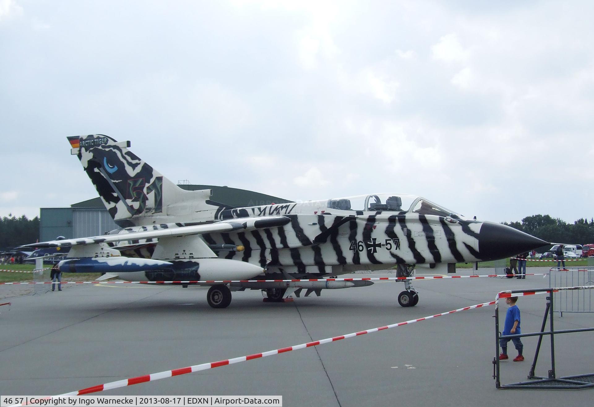 46 57, Panavia Tornado ECR C/N 906/GS290/4357, Panavia Tornado ECR of Luftwaffe (German Air Force) in 'Arctic Tiger' special colours at the Spottersday of the Nordholz Airday 2013 celebrationg 100 Years of German Naval Aviation at Nordholz Naval Aviation Base