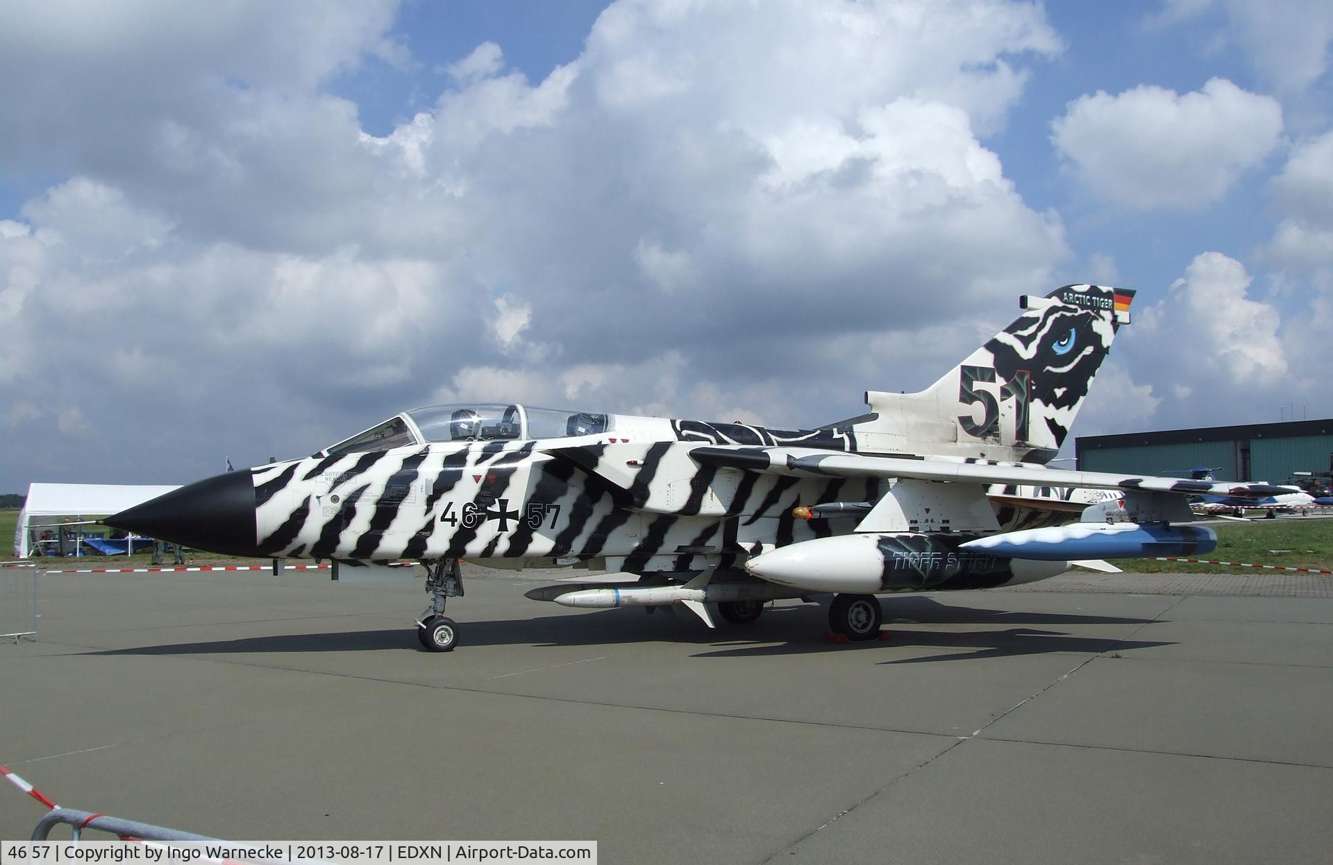46 57, Panavia Tornado ECR C/N 906/GS290/4357, Panavia Tornado ECR of Luftwaffe (German Air Force) in 'Arctic Tiger' special colours at the Spottersday of the Nordholz Airday 2013 celebrationg 100 Years of German Naval Aviation at Nordholz Naval Aviation Base