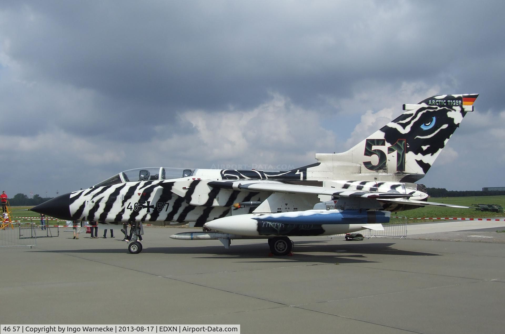 46 57, Panavia Tornado ECR C/N 906/GS290/4357, Panavia Tornado ECR of Luftwaffe (German Air Force) in 'Arctic Tiger' special colours at the Spottersday of the Nordholz Airday 2013 celebrationg 100 Years of German Naval Aviation at Nordholz Naval Aviation Base