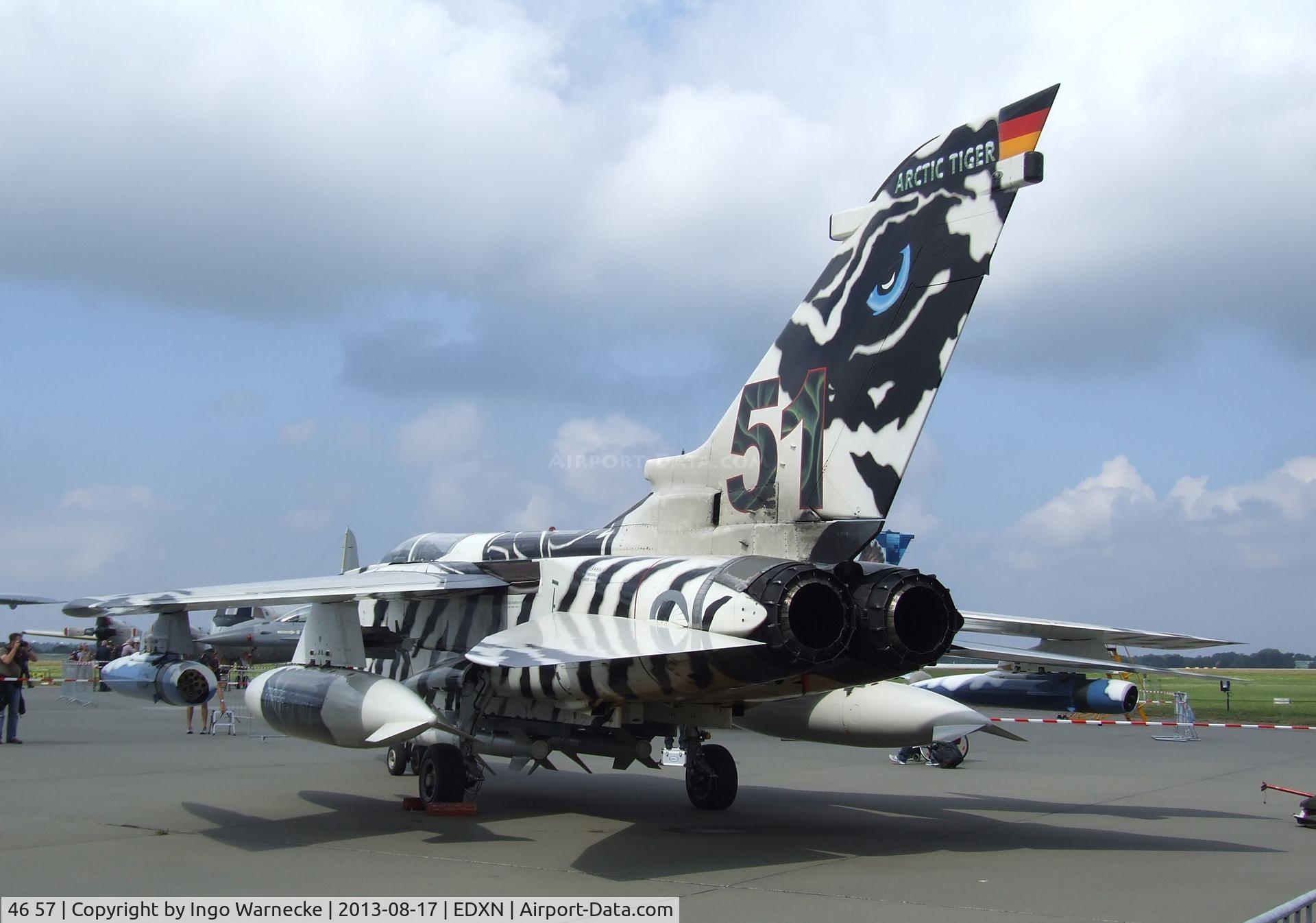 46 57, Panavia Tornado ECR C/N 906/GS290/4357, Panavia Tornado ECR of Luftwaffe (German Air Force) in 'Arctic Tiger' special colours at the Spottersday of the Nordholz Airday 2013 celebrationg 100 Years of German Naval Aviation at Nordholz Naval Aviation Base