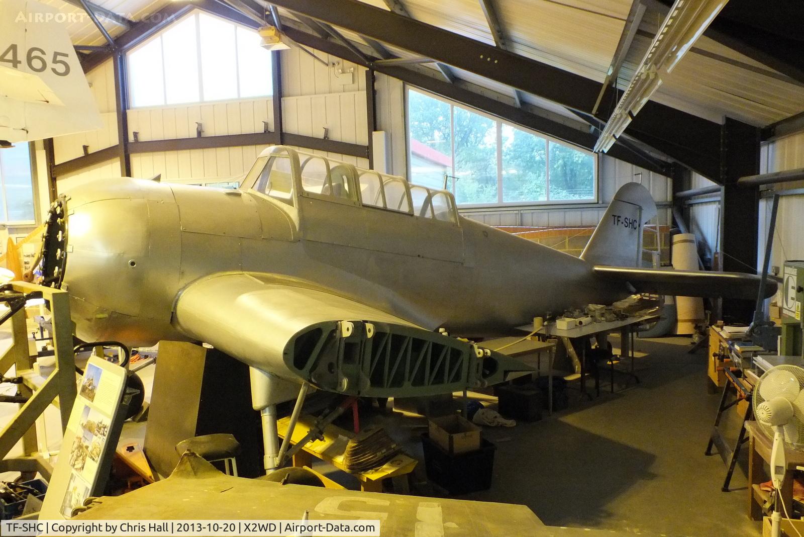 TF-SHC, 1943 Miles M.25 Martinet TT.1 C/N MS902, It crashed at Kopasker in the far North-East of Iceland in 1951 and the wreckage remained there until 1977, when it was moved to Reykjavik Airport by The Icelandic Aviation Historical Society and put into covered storage. Moving to Woodley in 1996.